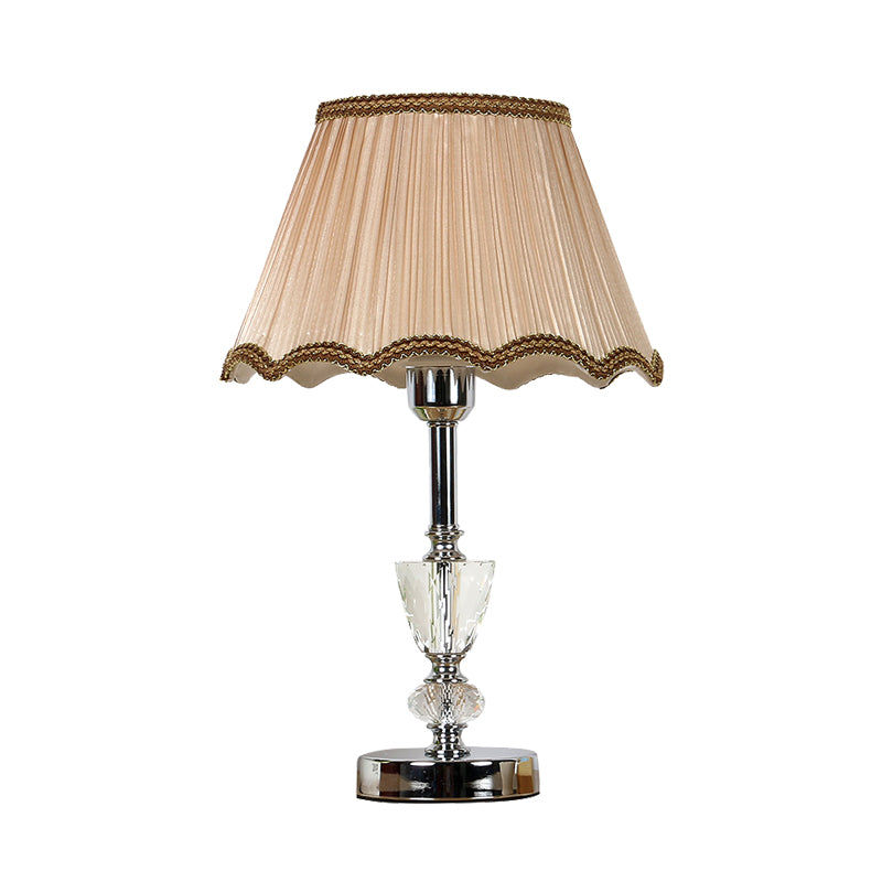 1 Light Scalloped Nightstand Light Countryside Beige Fabric Table Lamp with Crystal Accent Clearhalo 'Lamps' 'Table Lamps' Lighting' 326224