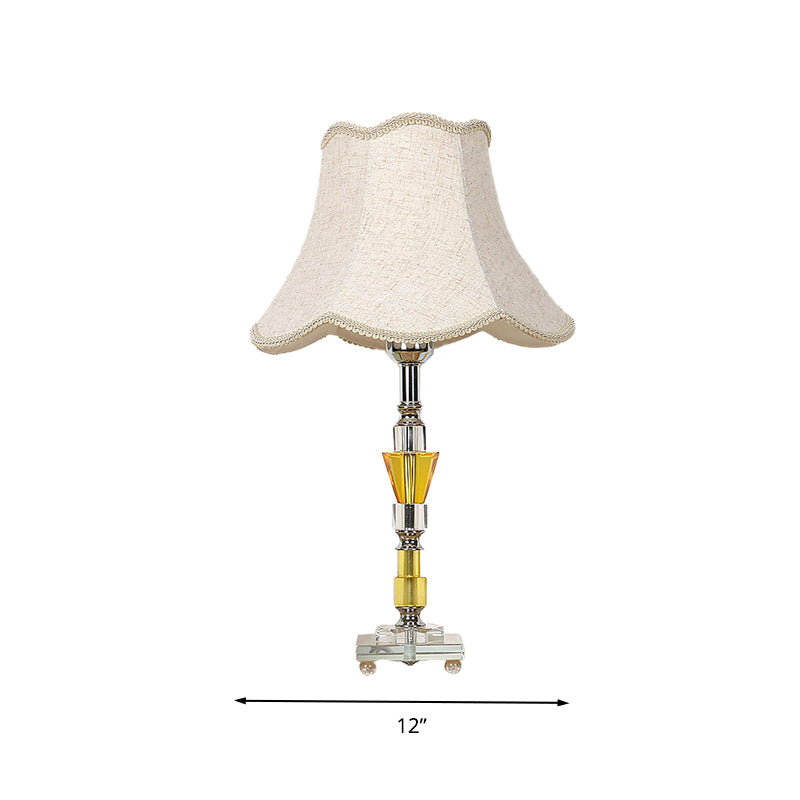 1 Light Fabric Nightstand Light Rural Beige Empire Shade Living Room Night Lamp with Crystal Base Clearhalo 'Lamps' 'Table Lamps' Lighting' 326236