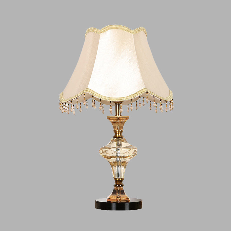 Paneled Bell Fabric Nightstand Lamp Lodge 1 Light Bedroom Night Light in Beige with Crystal Draping Clearhalo 'Lamps' 'Table Lamps' Lighting' 326240