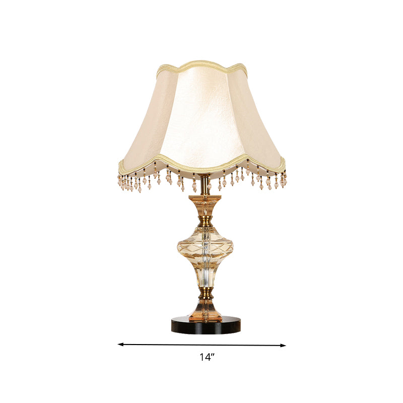 Paneled Bell Fabric Nightstand Lamp Lodge 1 Light Bedroom Night Light in Beige with Crystal Draping Clearhalo 'Lamps' 'Table Lamps' Lighting' 326241