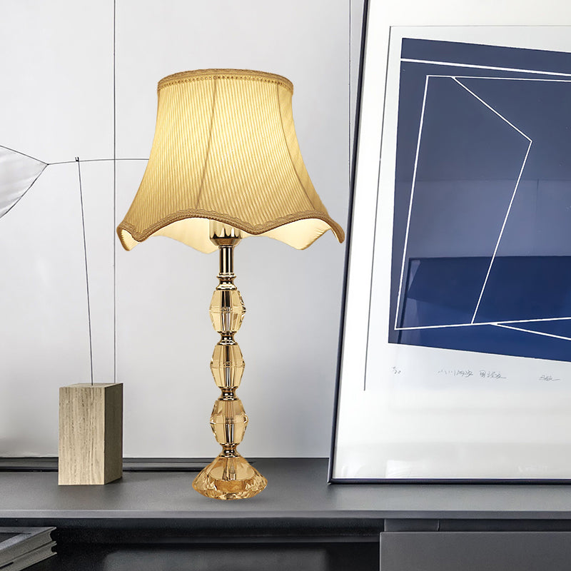 Light Yellow Scalloped Night Light Minimalism Fabric 1 Light Living Room Nightstand Lamp with Crystal Base Light Yellow Clearhalo 'Lamps' 'Table Lamps' Lighting' 326265