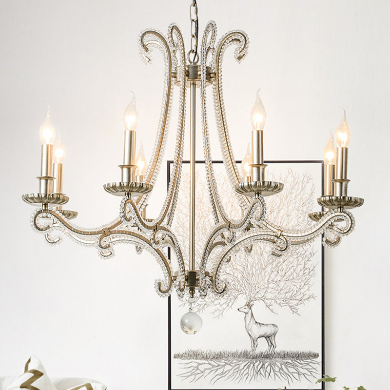 Candlestick Crystal Chandelier Lighting Simple 3/6/8 Lights Living Room Hanging Pendant Light in Silver Clearhalo 'Ceiling Lights' 'Chandeliers' Lighting' options 326298