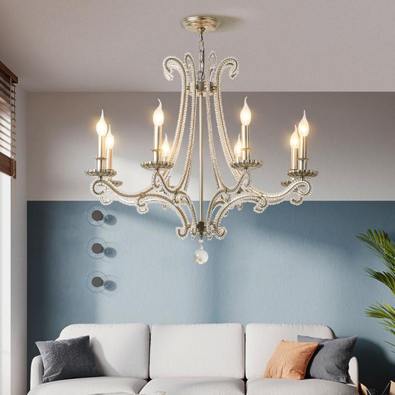 Candlestick Crystal Chandelier Lighting Simple 3/6/8 Lights Living Room Hanging Pendant Light in Silver Clearhalo 'Ceiling Lights' 'Chandeliers' Lighting' options 326300