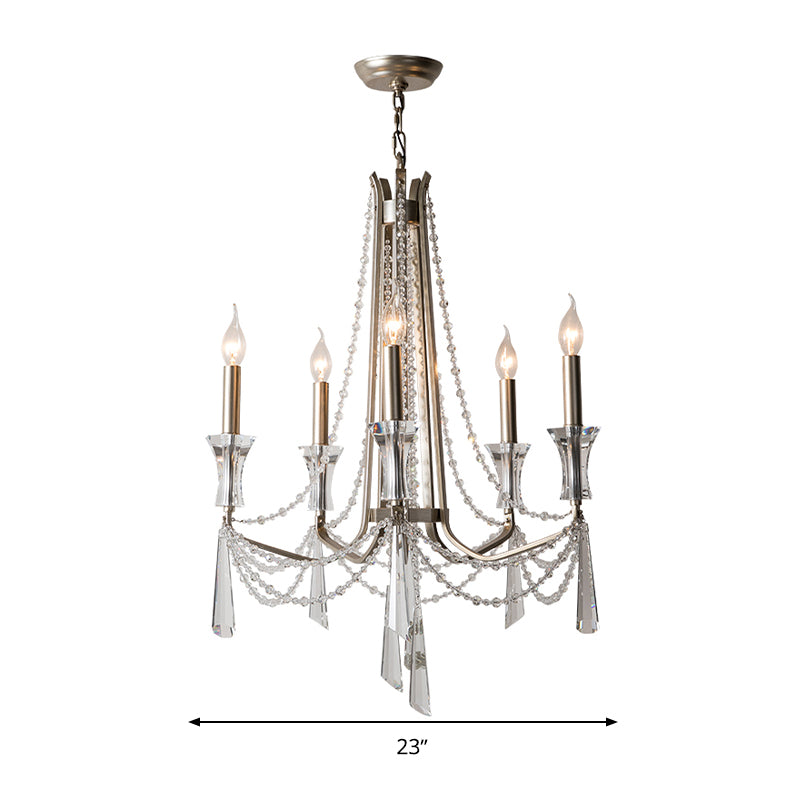 Candle Dining Room Chandelier Lighting Fixture Countryside 5/6 Lights Chrome Drop Pendant Clearhalo 'Ceiling Lights' 'Chandeliers' Lighting' options 326323