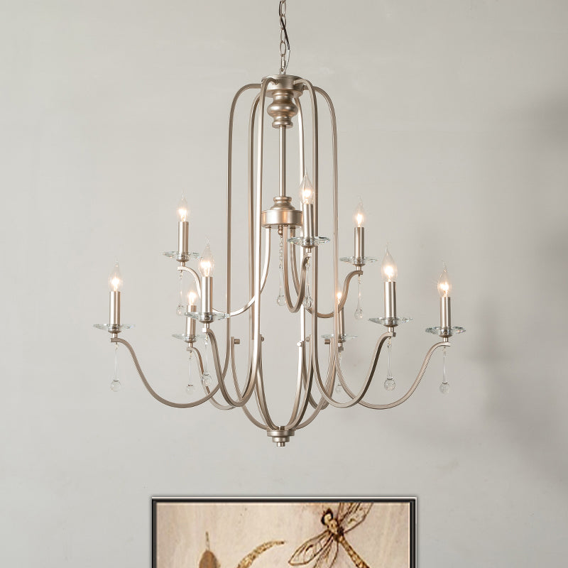 Silver 9/12 Lights Chandelier Lamp Rustic Crystal Layered Suspension Pendant Light for Living Room 9 Silver Clearhalo 'Ceiling Lights' 'Chandeliers' Lighting' options 326329_feaff14b-9aff-4e73-9d8d-c4fc4735e6fe