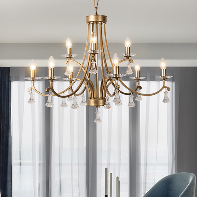 Brass Curvy Chandelier Pendant Light Rural Crystal 6/9 Lights Living Room Suspension Lighting Fixture Clearhalo 'Ceiling Lights' 'Chandeliers' Lighting' options 326333