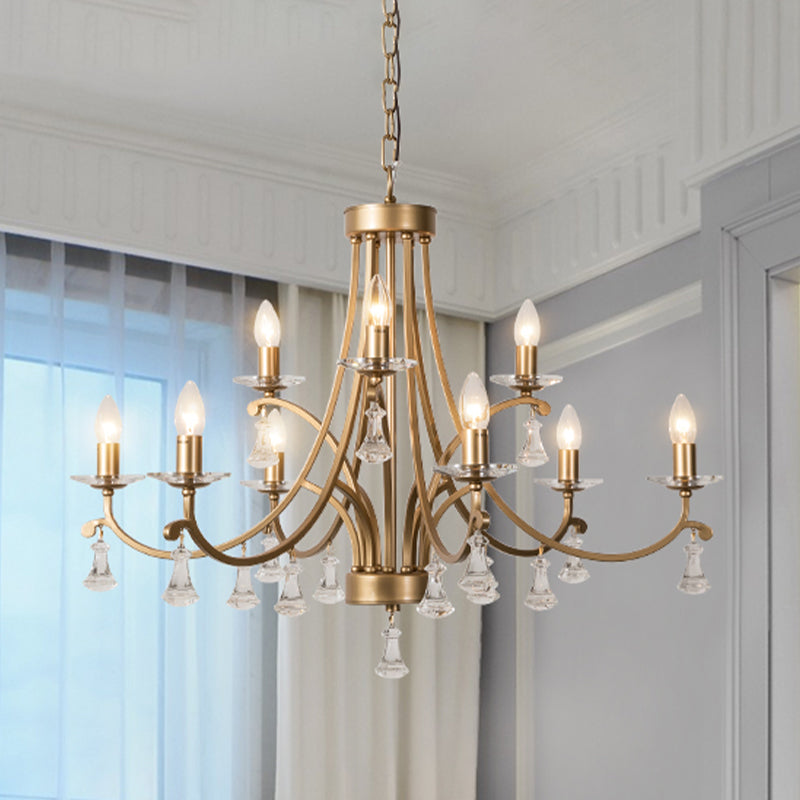 Brass Curvy Chandelier Pendant Light Rural Crystal 6/9 Lights Living Room Suspension Lighting Fixture Clearhalo 'Ceiling Lights' 'Chandeliers' Lighting' options 326334