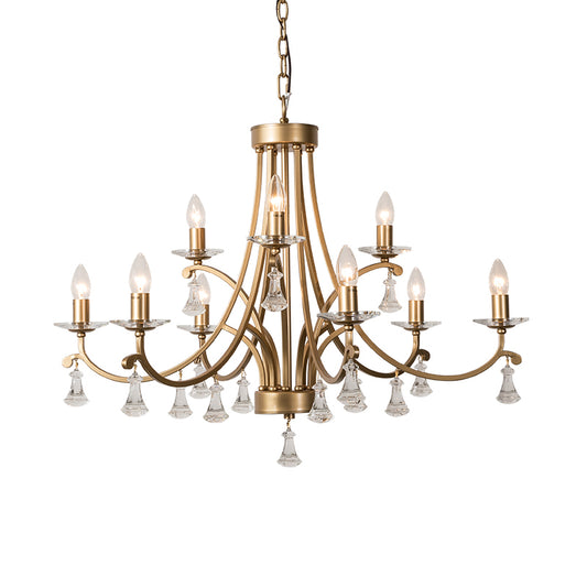 Brass Curvy Chandelier Pendant Light Rural Crystal 6/9 Lights Living Room Suspension Lighting Fixture Clearhalo 'Ceiling Lights' 'Chandeliers' Lighting' options 326336