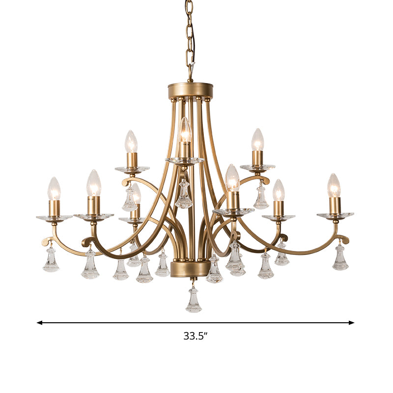 Brass Curvy Chandelier Pendant Light Rural Crystal 6/9 Lights Living Room Suspension Lighting Fixture Clearhalo 'Ceiling Lights' 'Chandeliers' Lighting' options 326337