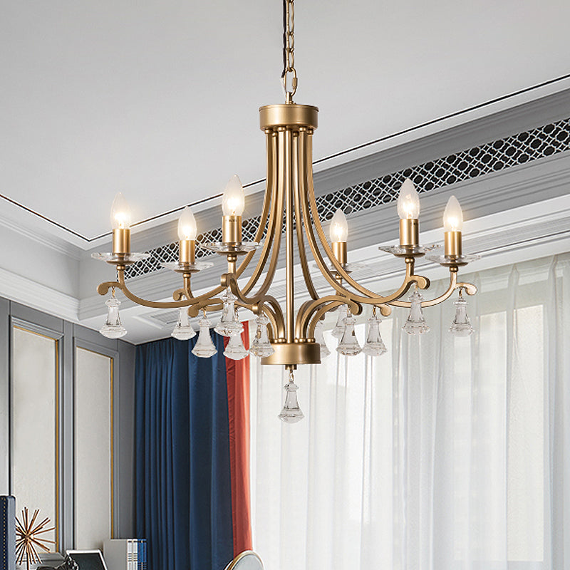 Brass Curvy Chandelier Pendant Light Rural Crystal 6/9 Lights Living Room Suspension Lighting Fixture Clearhalo 'Ceiling Lights' 'Chandeliers' Lighting' options 326338