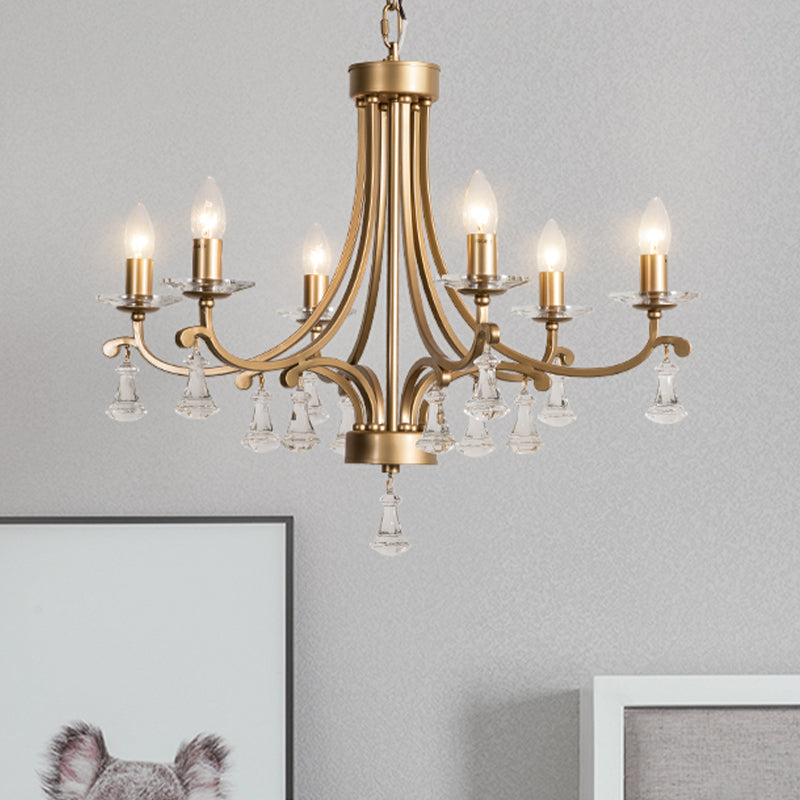 Brass Curvy Chandelier Pendant Light Rural Crystal 6/9 Lights Living Room Suspension Lighting Fixture Clearhalo 'Ceiling Lights' 'Chandeliers' Lighting' options 326339