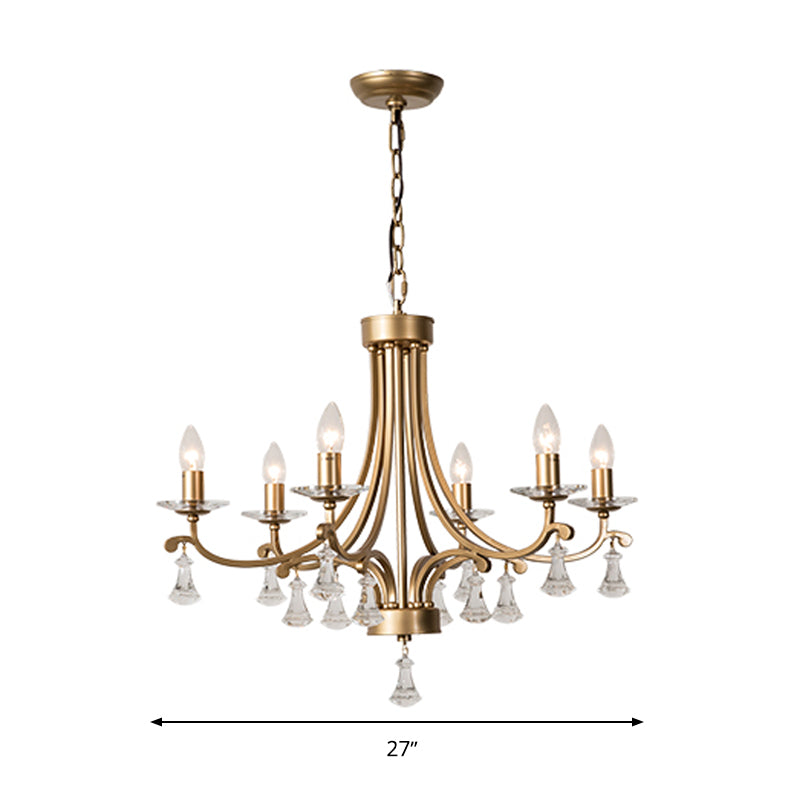 Brass Curvy Chandelier Pendant Light Rural Crystal 6/9 Lights Living Room Suspension Lighting Fixture Clearhalo 'Ceiling Lights' 'Chandeliers' Lighting' options 326341