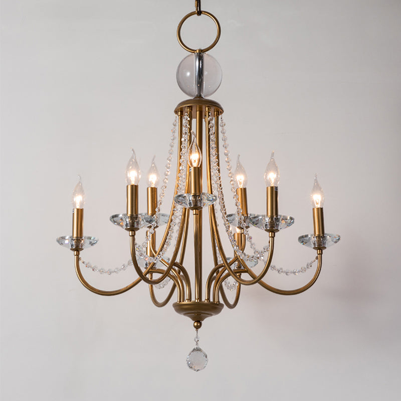 Crystal Candelabra Pendant Chandelier Lodge 9/12 Lights Living Room Hanging Ceiling Light in Brass Clearhalo 'Ceiling Lights' 'Chandeliers' Lighting' options 326354