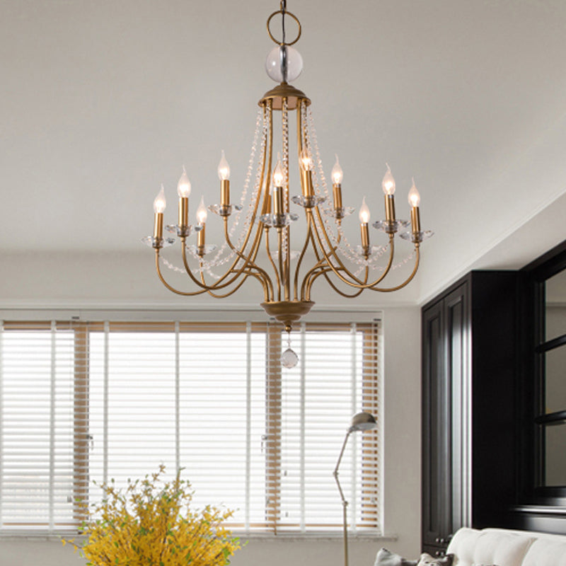 Crystal Candelabra Pendant Chandelier Lodge 9/12 Lights Living Room Hanging Ceiling Light in Brass Clearhalo 'Ceiling Lights' 'Chandeliers' Lighting' options 326358