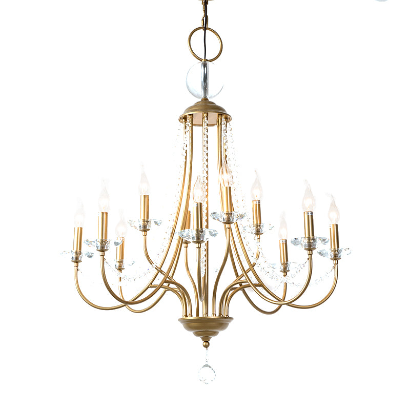 Crystal Candelabra Pendant Chandelier Lodge 9/12 Lights Living Room Hanging Ceiling Light in Brass Clearhalo 'Ceiling Lights' 'Chandeliers' Lighting' options 326359