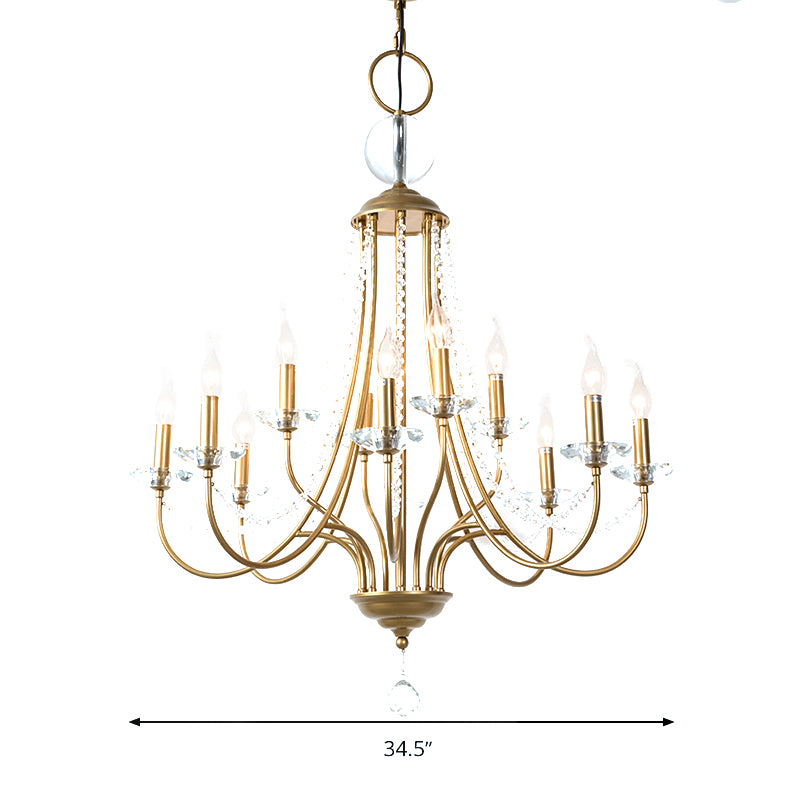 Crystal Candelabra Pendant Chandelier Lodge 9/12 Lights Living Room Hanging Ceiling Light in Brass Clearhalo 'Ceiling Lights' 'Chandeliers' Lighting' options 326360