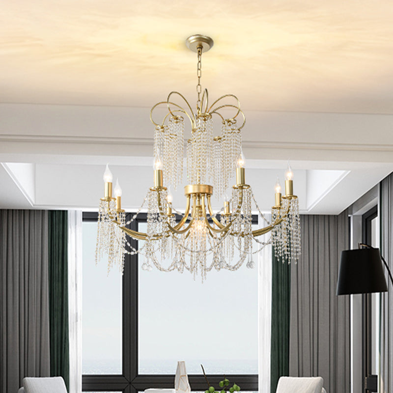 Crystal Gold Ceiling Chandelier Beaded 6/8 Lights Traditional Hanging Pendant Light for Living Room Clearhalo 'Ceiling Lights' 'Chandeliers' Lighting' options 326361