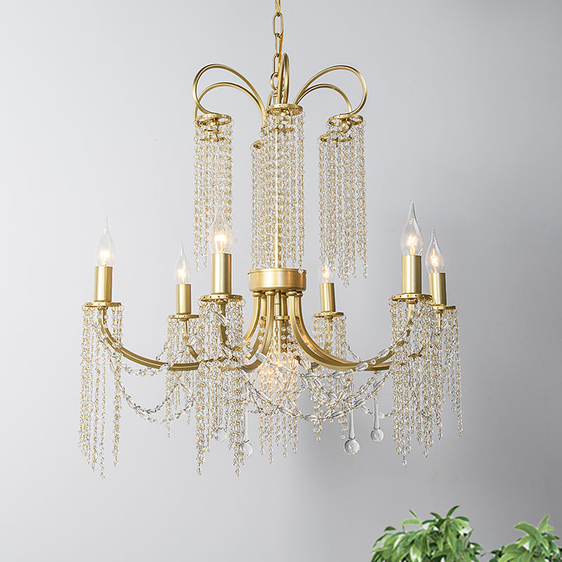 Crystal Gold Ceiling Chandelier Beaded 6/8 Lights Traditional Hanging Pendant Light for Living Room 6 Gold Clearhalo 'Ceiling Lights' 'Chandeliers' Lighting' options 326366_9750b9da-b346-47c6-8ef9-4439cab3acd2