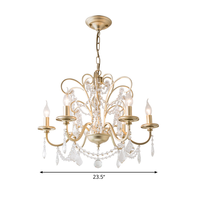 Gold Swooping Arm Chandelier Light Countryside Crystal 3/6/8 Lights Dining Room Ceiling Lamp Clearhalo 'Ceiling Lights' 'Chandeliers' Lighting' options 326391