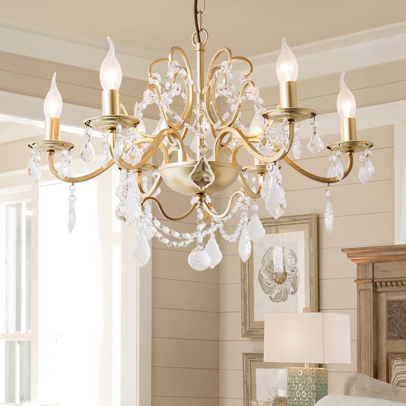 Rustic Curved Arm Chandelier Light Fixture 6/8 Lights Crystal Pendant Lighting in Gold for Bedroom Clearhalo 'Ceiling Lights' 'Chandeliers' Lighting' options 326404