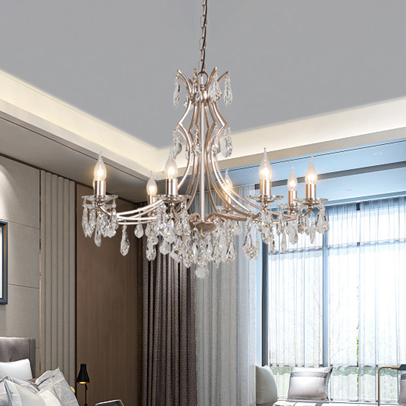 8 Lights Candlestick Chandelier Lighting Lodge Chrome Crystal Suspension Lamp for Living Room Clearhalo 'Ceiling Lights' 'Chandeliers' Lighting' options 326408