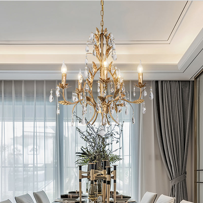 5 Lights Chandelier Rural Candelabra Crystal Pendant Light Fixture in Gold for Living Room Clearhalo 'Ceiling Lights' 'Chandeliers' Lighting' options 326460