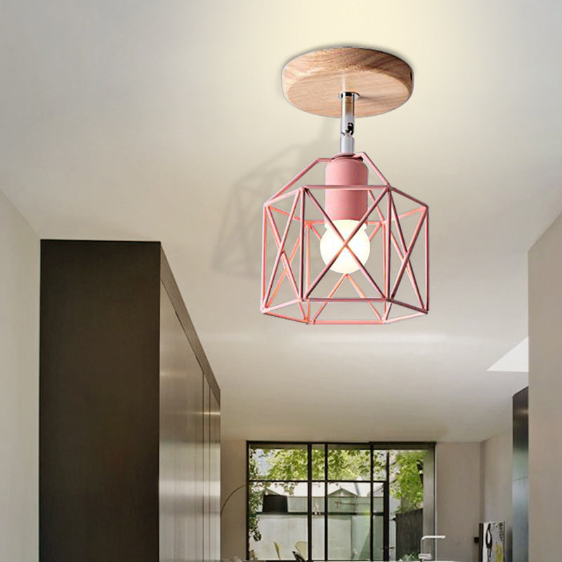 Gray/White/Pink/Yellow/Blue/Green Hexagon Ceiling Light Fixture Metal Modernist 1 Head Semi Flush Mount Ceiling Light for Bedroom Pink Clearhalo 'Ceiling Lights' 'Close To Ceiling Lights' 'Close to ceiling' 'Semi-flushmount' Lighting' 326476