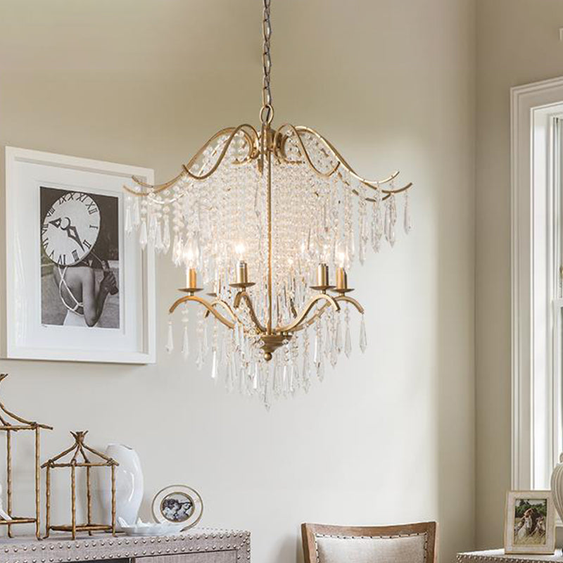 Beaded Living Room Chandelier Lighting Minimalism Crystal 6/8 Lights Gold Hanging Light Fixture 6 Gold Clearhalo 'Ceiling Lights' 'Chandeliers' Lighting' options 326506_0c70b3d0-9bfa-4907-93fa-13360512b96a