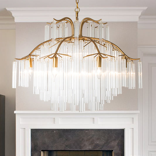 Gold Tube Chandelier Lamp Countryside Crystal 7/9 Lights Living Room Hanging Pendant Light Clearhalo 'Ceiling Lights' 'Chandeliers' Lighting' options 326534