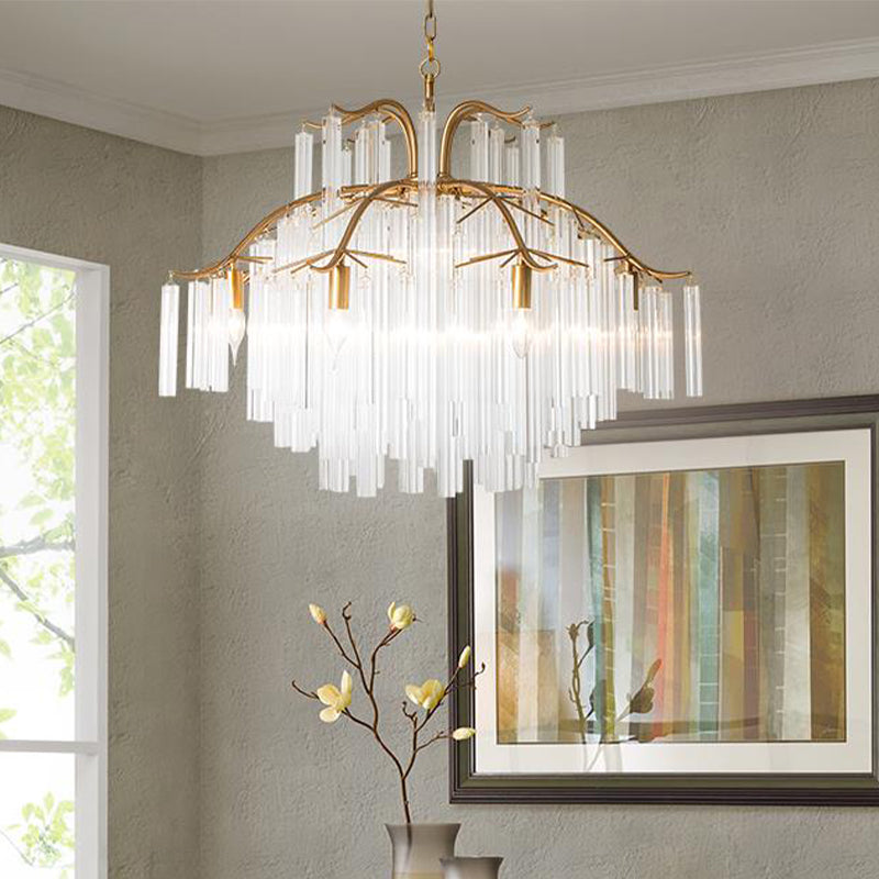 Gold Tube Chandelier Lamp Countryside Crystal 7/9 Lights Living Room Hanging Pendant Light Clearhalo 'Ceiling Lights' 'Chandeliers' Lighting' options 326535