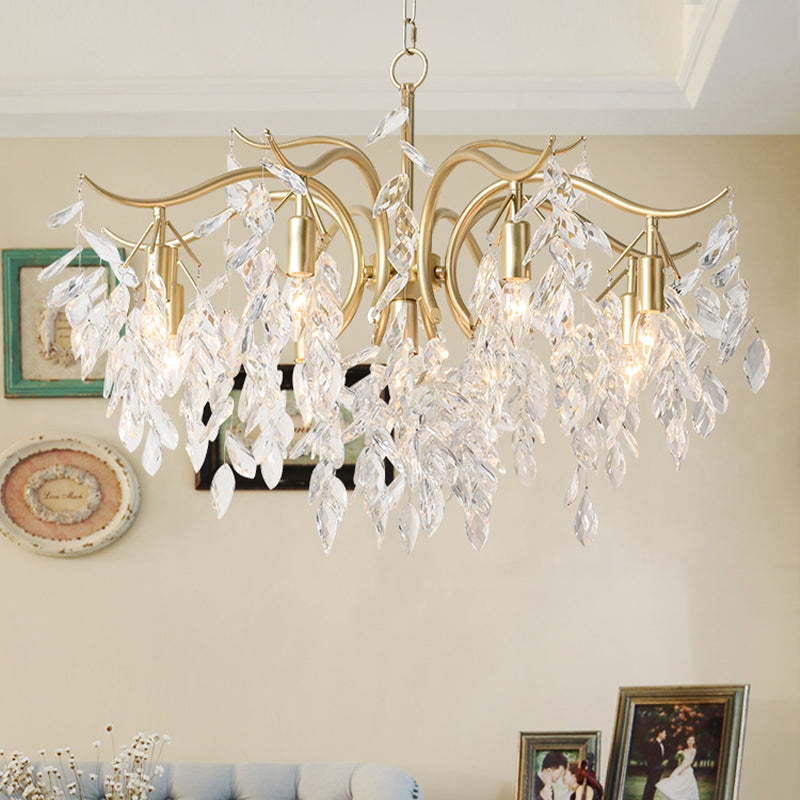 Clear Crystal Curvy Pendant Chandelier Rural 4/7/9 Lights Living Room Hanging Ceiling Light in Brass Clearhalo 'Ceiling Lights' 'Chandeliers' Lighting' options 326550