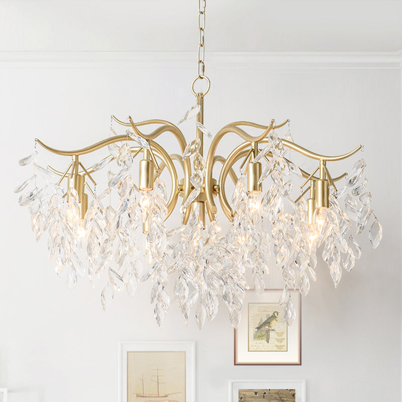 Clear Crystal Curvy Pendant Chandelier Rural 4/7/9 Lights Living Room Hanging Ceiling Light in Brass Clearhalo 'Ceiling Lights' 'Chandeliers' Lighting' options 326551