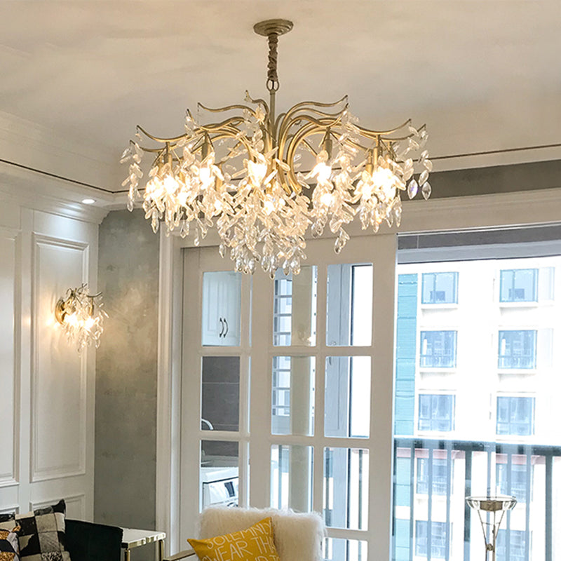 Clear Crystal Curvy Pendant Chandelier Rural 4/7/9 Lights Living Room Hanging Ceiling Light in Brass Clearhalo 'Ceiling Lights' 'Chandeliers' Lighting' options 326552