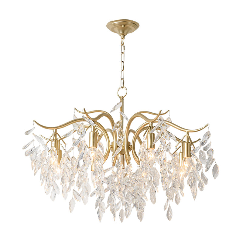 Clear Crystal Curvy Pendant Chandelier Rural 4/7/9 Lights Living Room Hanging Ceiling Light in Brass Clearhalo 'Ceiling Lights' 'Chandeliers' Lighting' options 326553