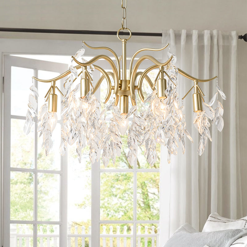 Clear Crystal Curvy Pendant Chandelier Rural 4/7/9 Lights Living Room Hanging Ceiling Light in Brass Clearhalo 'Ceiling Lights' 'Chandeliers' Lighting' options 326555