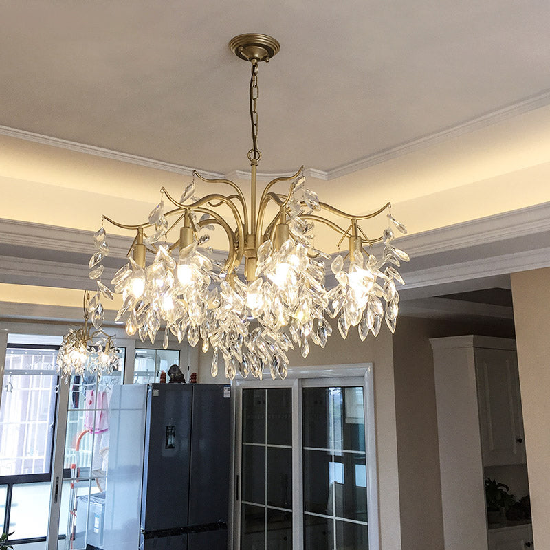 Clear Crystal Curvy Pendant Chandelier Rural 4/7/9 Lights Living Room Hanging Ceiling Light in Brass Clearhalo 'Ceiling Lights' 'Chandeliers' Lighting' options 326556