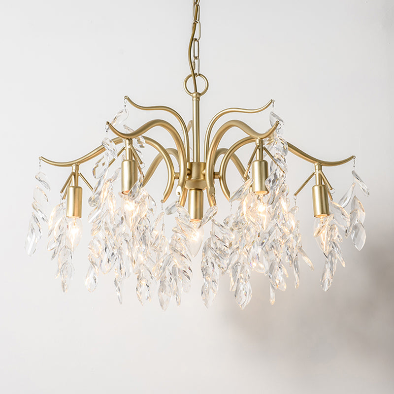 Clear Crystal Curvy Pendant Chandelier Rural 4/7/9 Lights Living Room Hanging Ceiling Light in Brass Clearhalo 'Ceiling Lights' 'Chandeliers' Lighting' options 326557