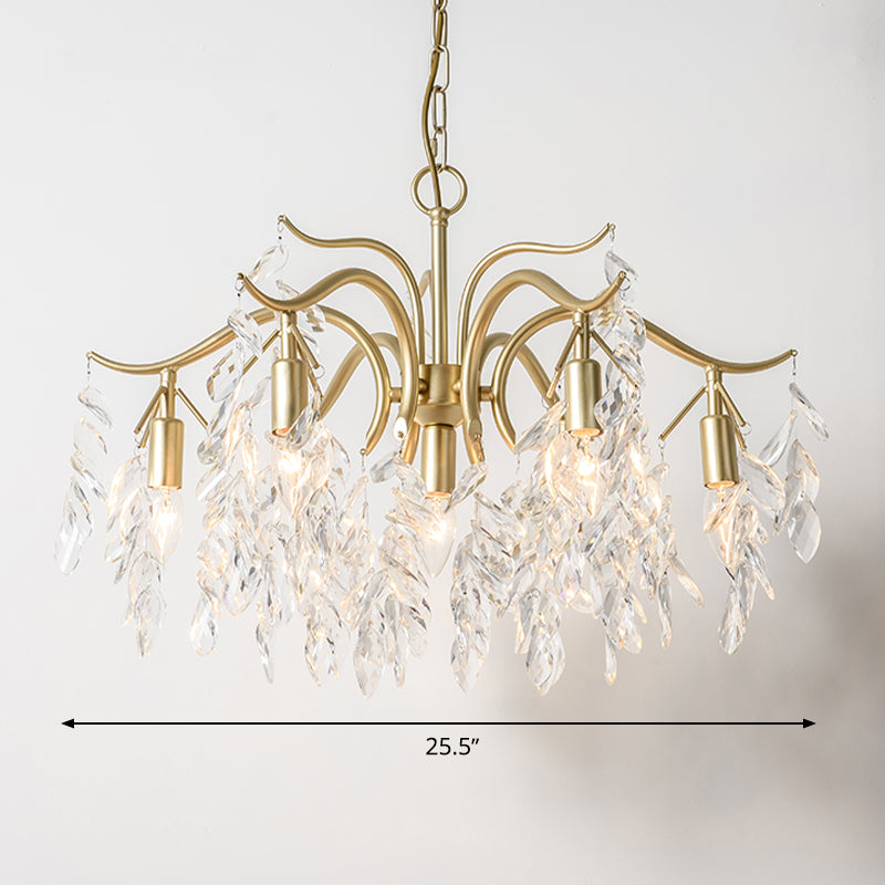 Clear Crystal Curvy Pendant Chandelier Rural 4/7/9 Lights Living Room Hanging Ceiling Light in Brass Clearhalo 'Ceiling Lights' 'Chandeliers' Lighting' options 326558