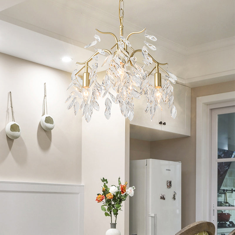 Clear Crystal Curvy Pendant Chandelier Rural 4/7/9 Lights Living Room Hanging Ceiling Light in Brass Clearhalo 'Ceiling Lights' 'Chandeliers' Lighting' options 326559