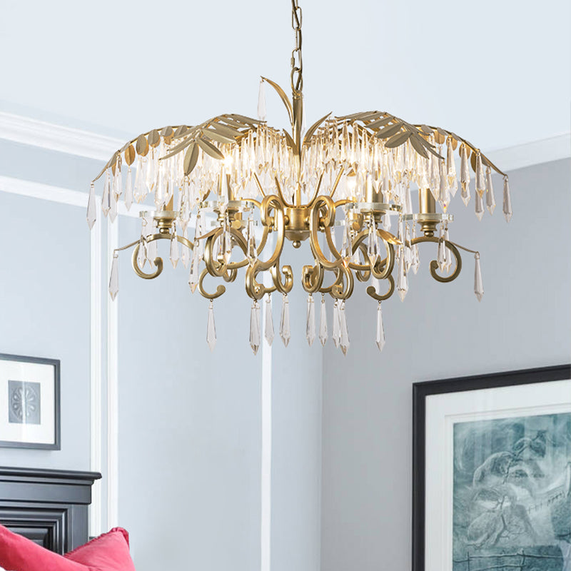 Crystal Brass Hanging Chandelier Leaf-Shaped 3/6/8 Lights Lodge Pendant Light Kit for Living Room Clearhalo 'Ceiling Lights' 'Chandeliers' Lighting' options 326566