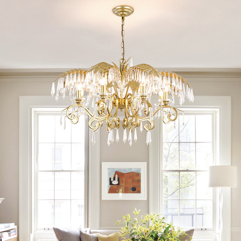 Crystal Brass Hanging Chandelier Leaf-Shaped 3/6/8 Lights Lodge Pendant Light Kit for Living Room Clearhalo 'Ceiling Lights' 'Chandeliers' Lighting' options 326568