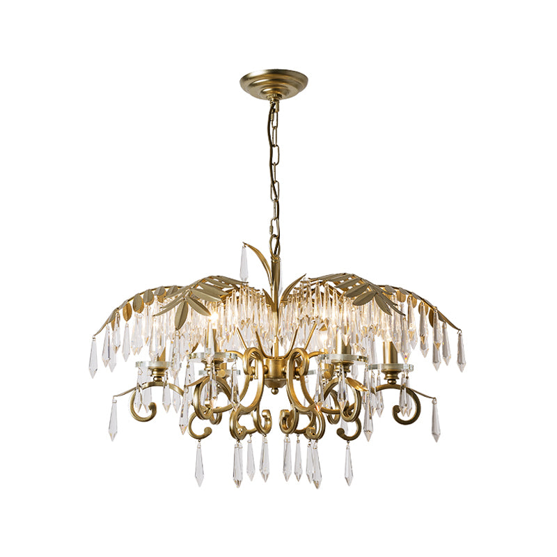 Crystal Brass Hanging Chandelier Leaf-Shaped 3/6/8 Lights Lodge Pendant Light Kit for Living Room Clearhalo 'Ceiling Lights' 'Chandeliers' Lighting' options 326569