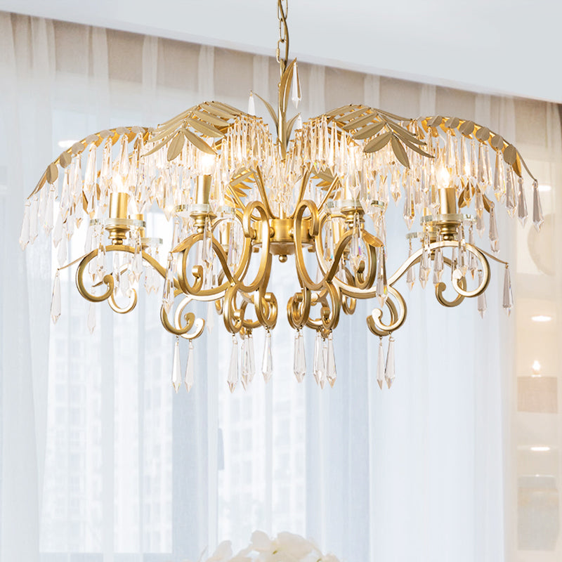 Crystal Brass Hanging Chandelier Leaf-Shaped 3/6/8 Lights Lodge Pendant Light Kit for Living Room Clearhalo 'Ceiling Lights' 'Chandeliers' Lighting' options 326571