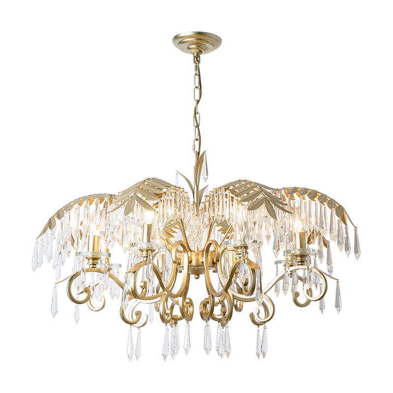 Crystal Brass Hanging Chandelier Leaf-Shaped 3/6/8 Lights Lodge Pendant Light Kit for Living Room Clearhalo 'Ceiling Lights' 'Chandeliers' Lighting' options 326573