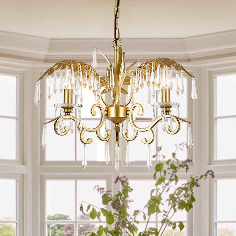 Crystal Brass Hanging Chandelier Leaf-Shaped 3/6/8 Lights Lodge Pendant Light Kit for Living Room Clearhalo 'Ceiling Lights' 'Chandeliers' Lighting' options 326575