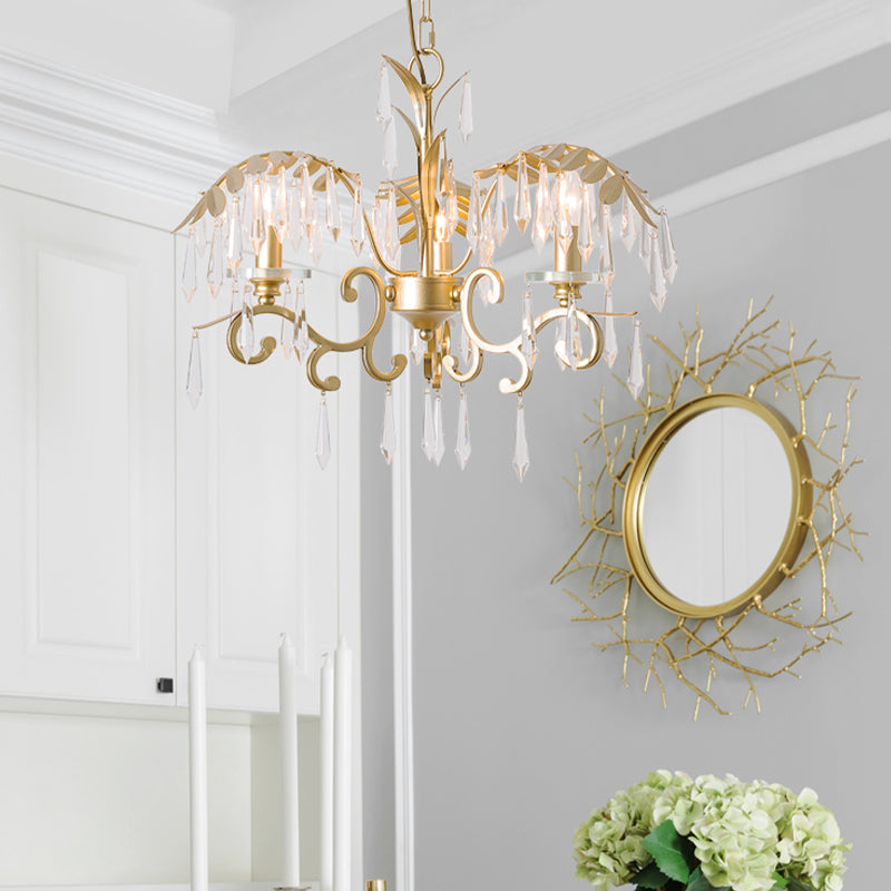 Crystal Brass Hanging Chandelier Leaf-Shaped 3/6/8 Lights Lodge Pendant Light Kit for Living Room Clearhalo 'Ceiling Lights' 'Chandeliers' Lighting' options 326576