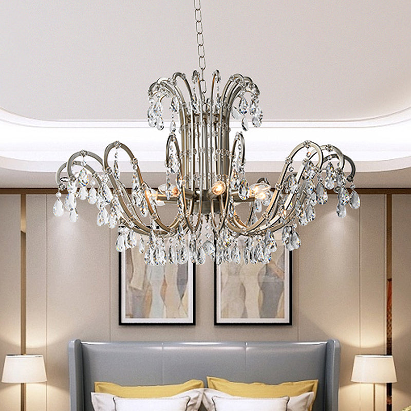 5/8 Lights Chandelier Minimalism Swooping Arm Crystal Pendant Light Kit in Aged Silver 8 Aged Silver Clearhalo 'Ceiling Lights' 'Chandeliers' Lighting' options 326584_e0ec2077-e1b7-40c0-a2e1-354e9c964ecf