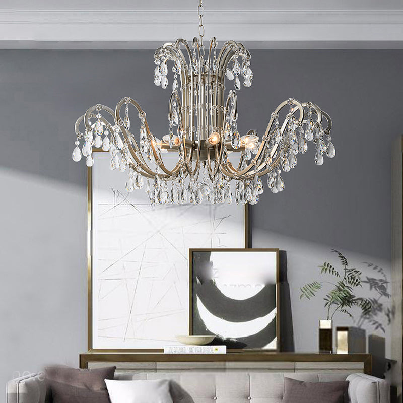 5/8 Lights Chandelier Minimalism Swooping Arm Crystal Pendant Light Kit in Aged Silver Clearhalo 'Ceiling Lights' 'Chandeliers' Lighting' options 326586