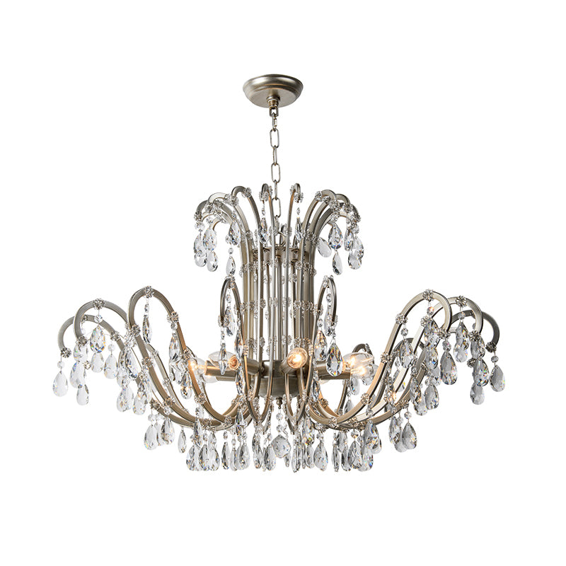 5/8 Lights Chandelier Minimalism Swooping Arm Crystal Pendant Light Kit in Aged Silver Clearhalo 'Ceiling Lights' 'Chandeliers' Lighting' options 326587