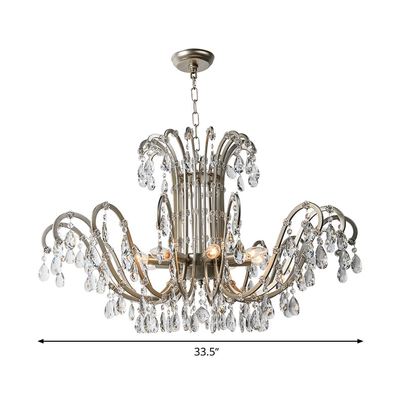 5/8 Lights Chandelier Minimalism Swooping Arm Crystal Pendant Light Kit in Aged Silver Clearhalo 'Ceiling Lights' 'Chandeliers' Lighting' options 326588